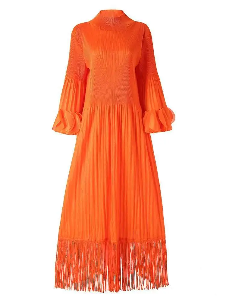 LANMREM Maxi Dress Women High Neck Long Sleeves Stitching Tassel Hem Solid Color Dresses Female Party Clothing 2025 New 2DB1143