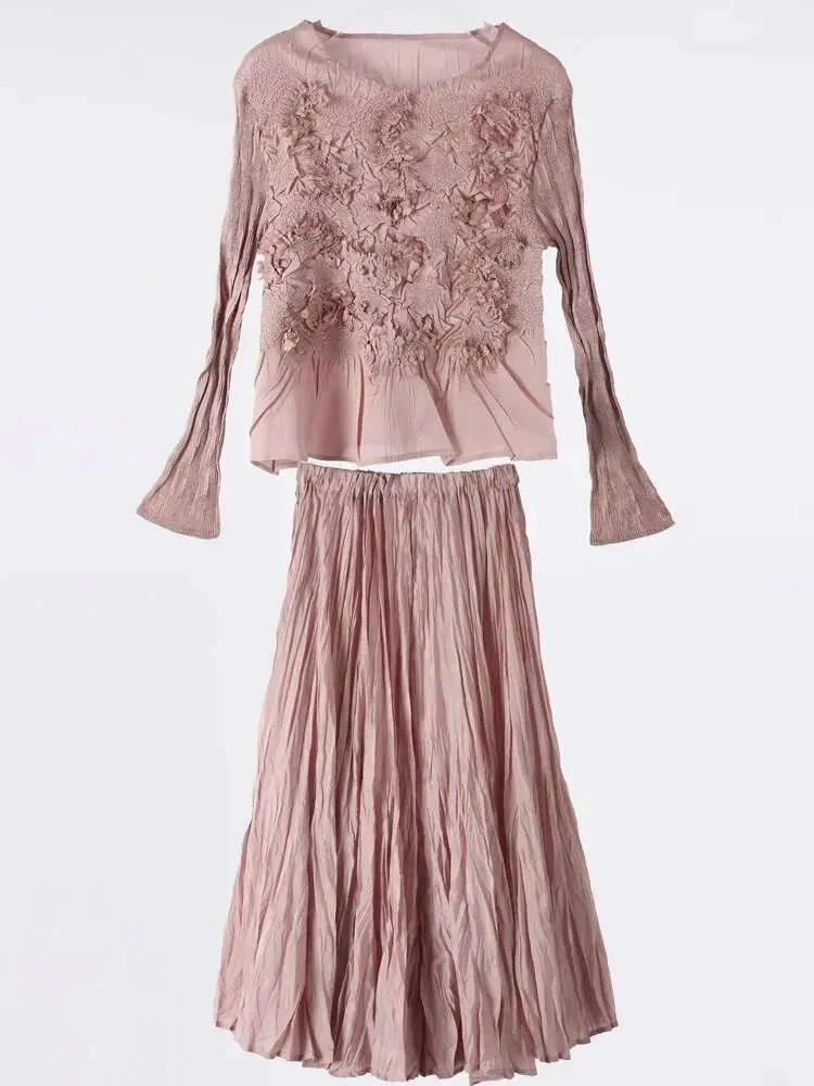 LANMREM High End Pleated Set Solid Color Embroidered Long Sleeves Shirts With Fold Skirts Female Chic Sets 2024 New 2DB1444