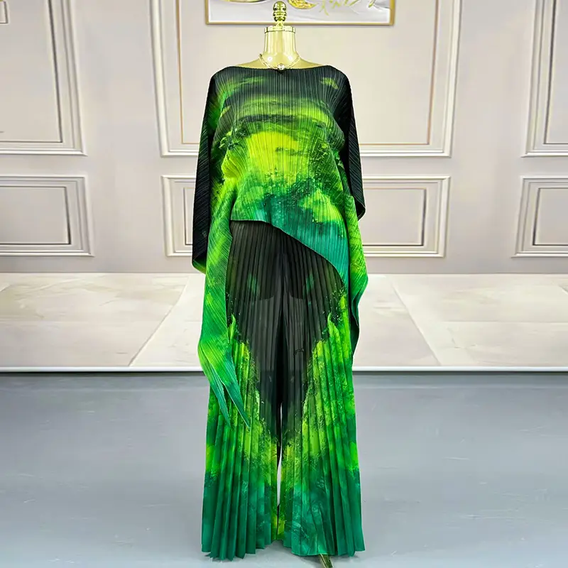 LANMREM Niche Chic Printting Pleated Women's Two Pieces Set Irregular Pullover Top And Elastic Waist Wide Leg Pants New 2DB3867