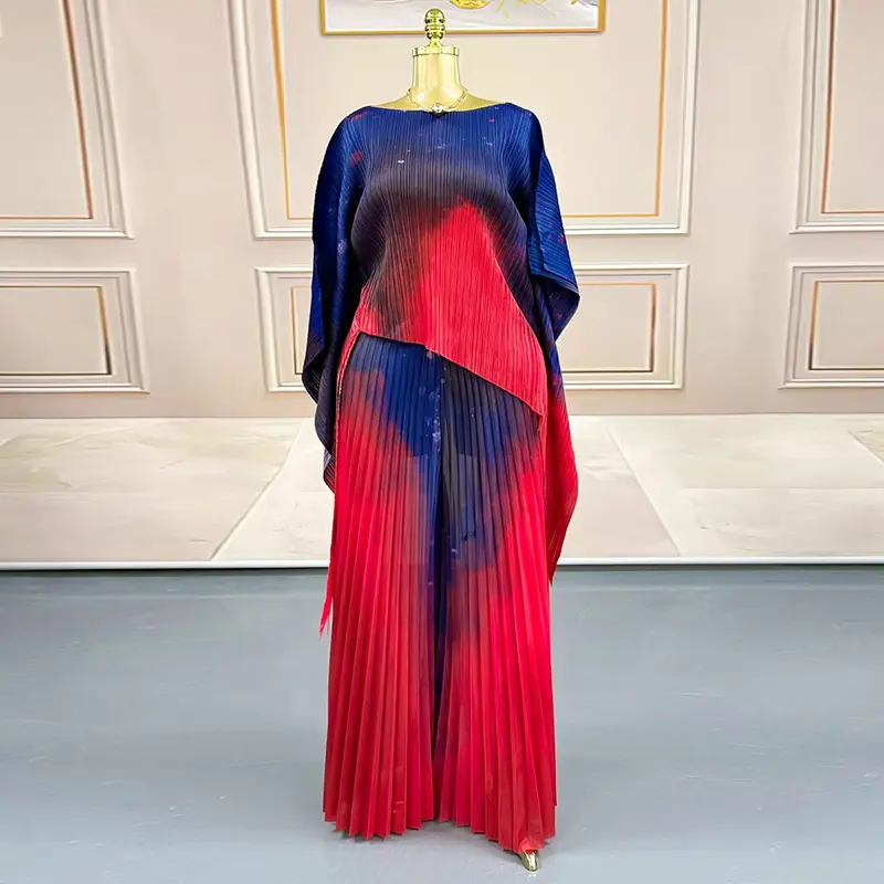 LANMREM Niche Chic Printting Pleated Women's Two Pieces Set Irregular Pullover Top And Elastic Waist Wide Leg Pants New 2DB3867