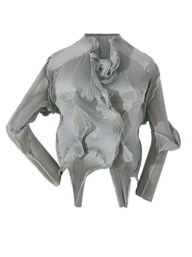 LANMREM Fold Button Shirts For Women 2025 Spring Long Sleeves Solid Color Loose Casual Top Ladies Luxury Clothing 2R2237