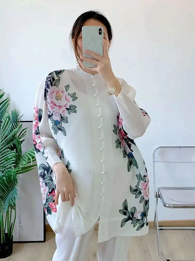 LANMREM Pleated Floral Print Set Women Single Breasted Long Sleeve O-neck Top Wide Leg Pants 2025 Spring Female Clothing 2I773