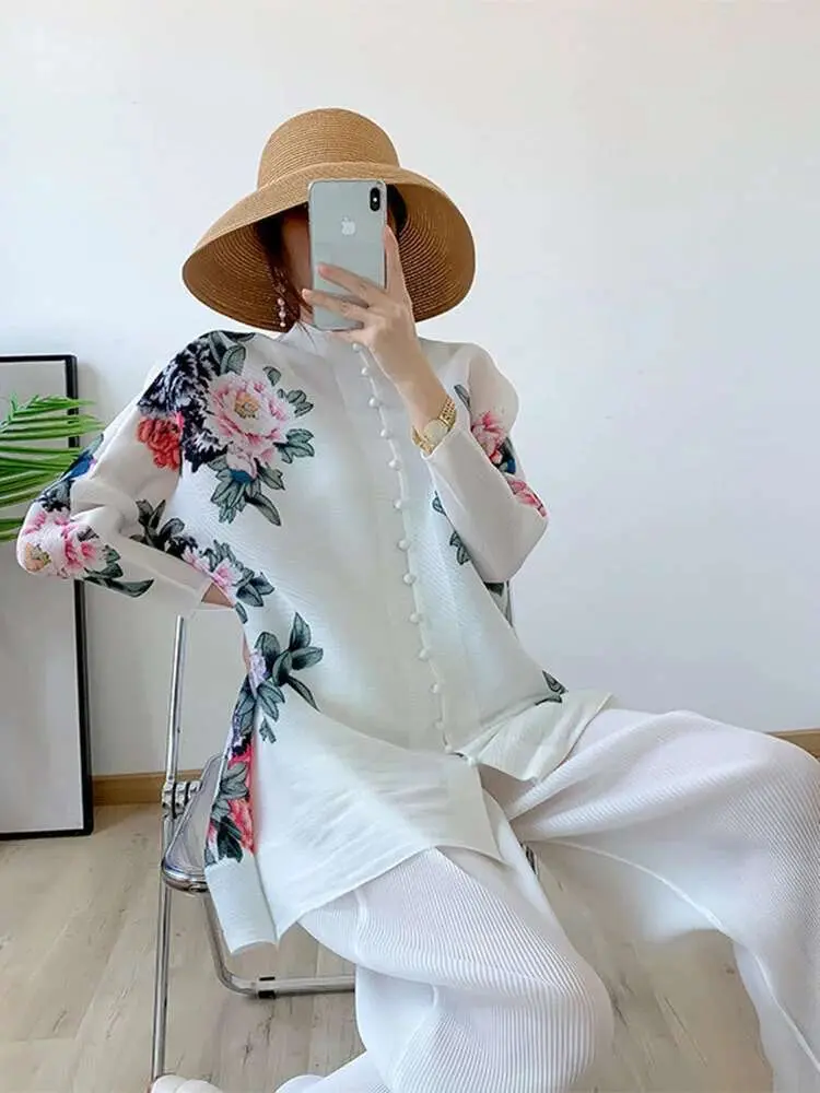 LANMREM Pleated Floral Print Set Women Single Breasted Long Sleeve O-neck Top Wide Leg Pants 2025 Spring Female Clothing 2I773