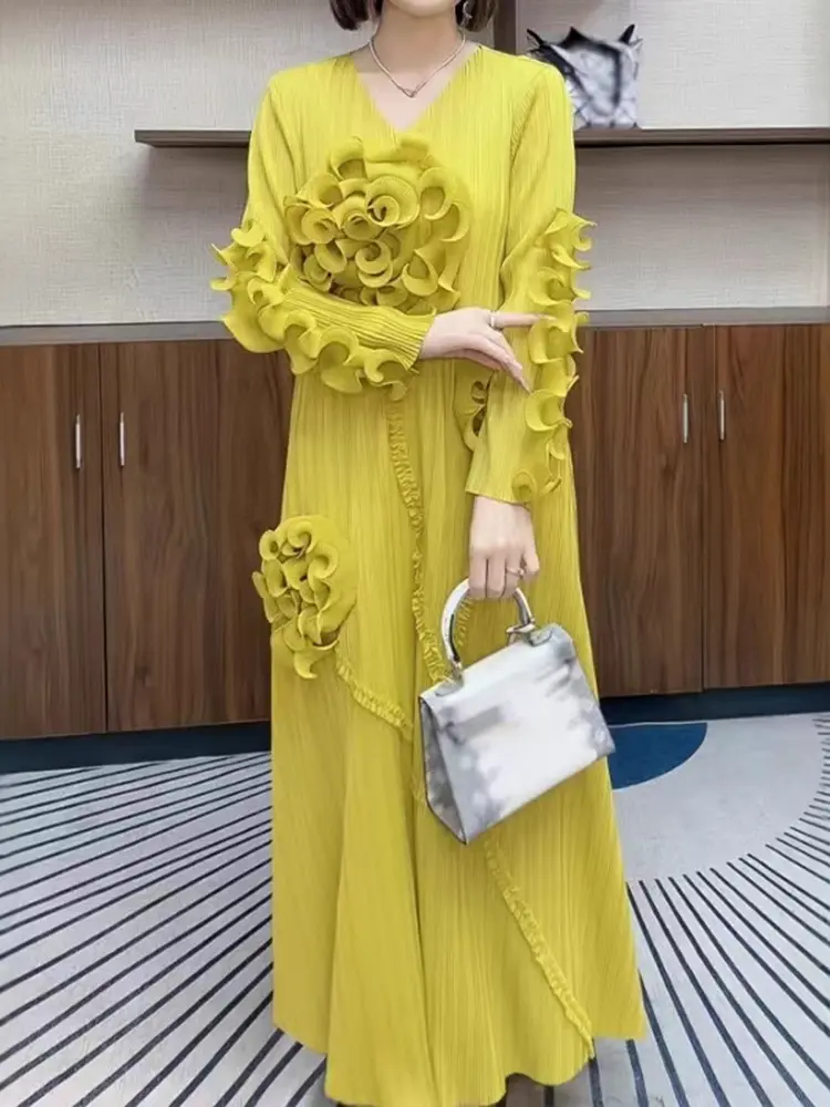 LANMREM Ruffled Edge Pleated Dress For Women Long Sleeves Embroidered Pullover Elegant Dresses Female Trendy Clothing 2DM1091