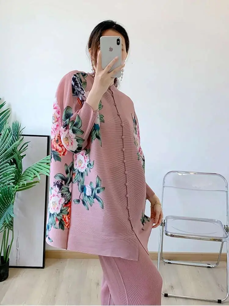LANMREM Pleated Floral Print Set Women Single Breasted Long Sleeve O-neck Top Wide Leg Pants 2025 Spring Female Clothing 2I773