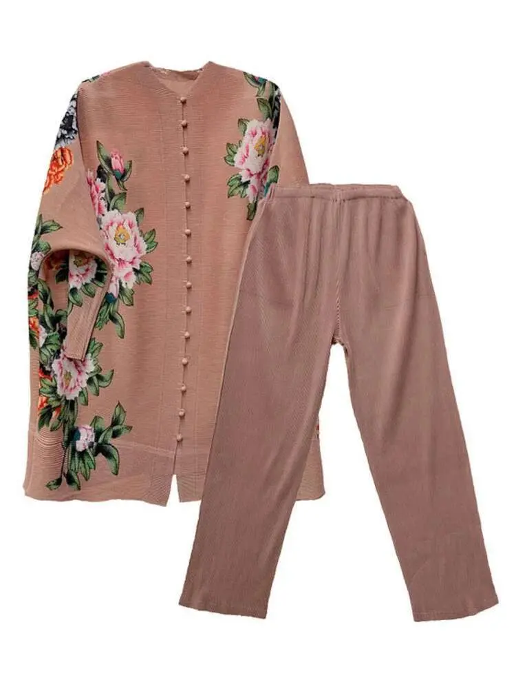 LANMREM Pleated Floral Print Set Women Single Breasted Long Sleeve O-neck Top Wide Leg Pants 2025 Spring Female Clothing 2I773