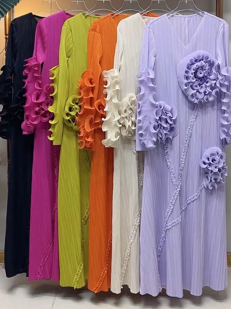 LANMREM Ruffled Edge Pleated Dress For Women Long Sleeves Embroidered Pullover Elegant Dresses Female Trendy Clothing 2DM1091