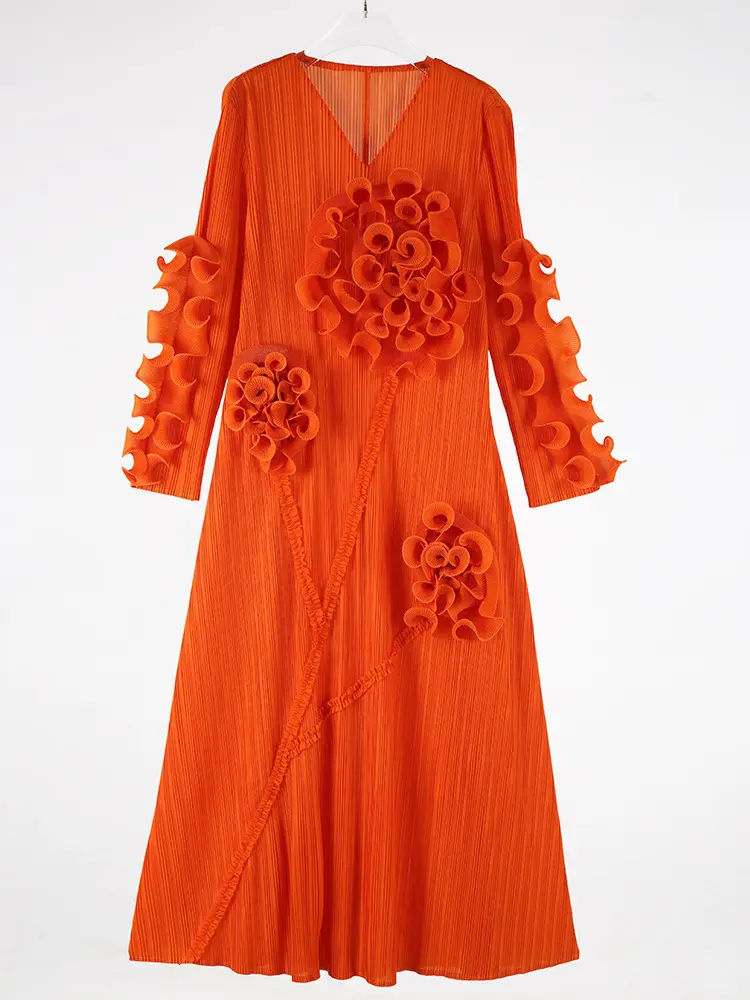 LANMREM Ruffled Edge Pleated Dress For Women Long Sleeves Embroidered Pullover Elegant Dresses Female Trendy Clothing 2DM1091