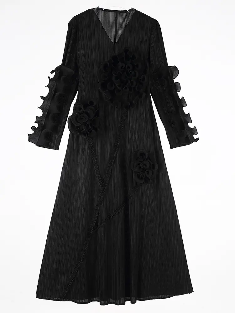 LANMREM Ruffled Edge Pleated Dress For Women Long Sleeves Embroidered Pullover Elegant Dresses Female Trendy Clothing 2DM1091