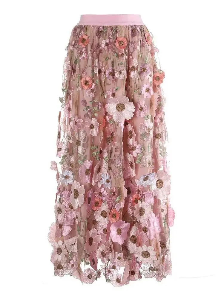LANMREM Heavy Industries Embroidered French Chic Three Dimensional Multi Colored Flower Yarn Skirt 2025 New Famale Skirts2DB3500