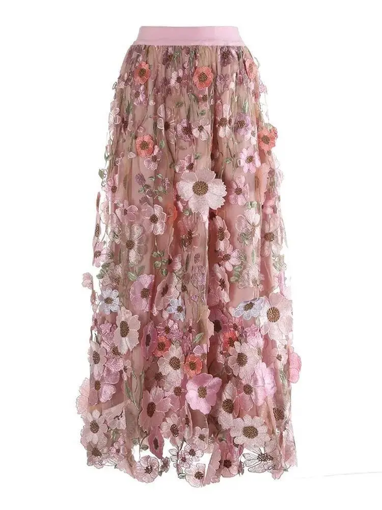 LANMREM Heavy Industries Embroidered French Chic Three Dimensional Multi Colored Flower Yarn Skirt 2025 New Famale Skirts2DB3500