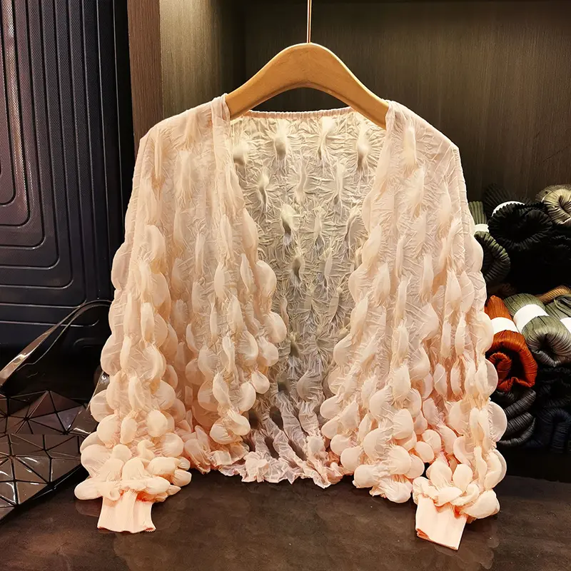 LANMREM Lightweight Unique Design Bubble Sleeve Cardigan Top Summer New Loose Sweet White Long Sleeve Pleated Jacket 2DB3737