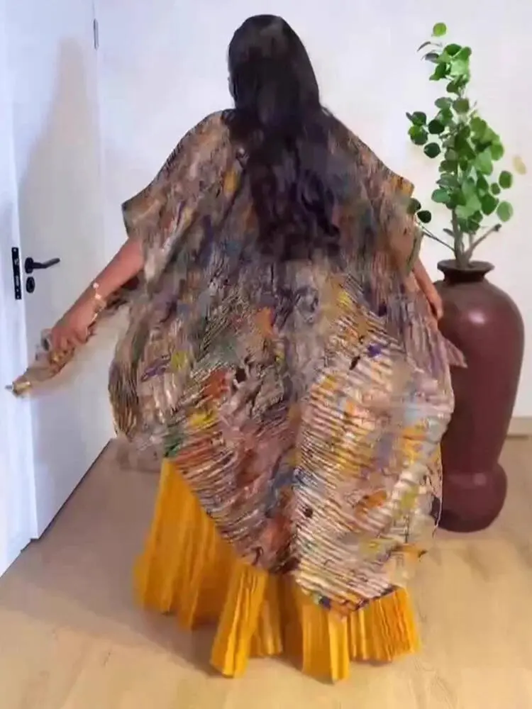 LANMREM Stand Collar Irregular Print Women's Pleated Two Pieces Set Loose Chic Bawting Sleeve Long Dress + Wide Leg Pants DB3541
