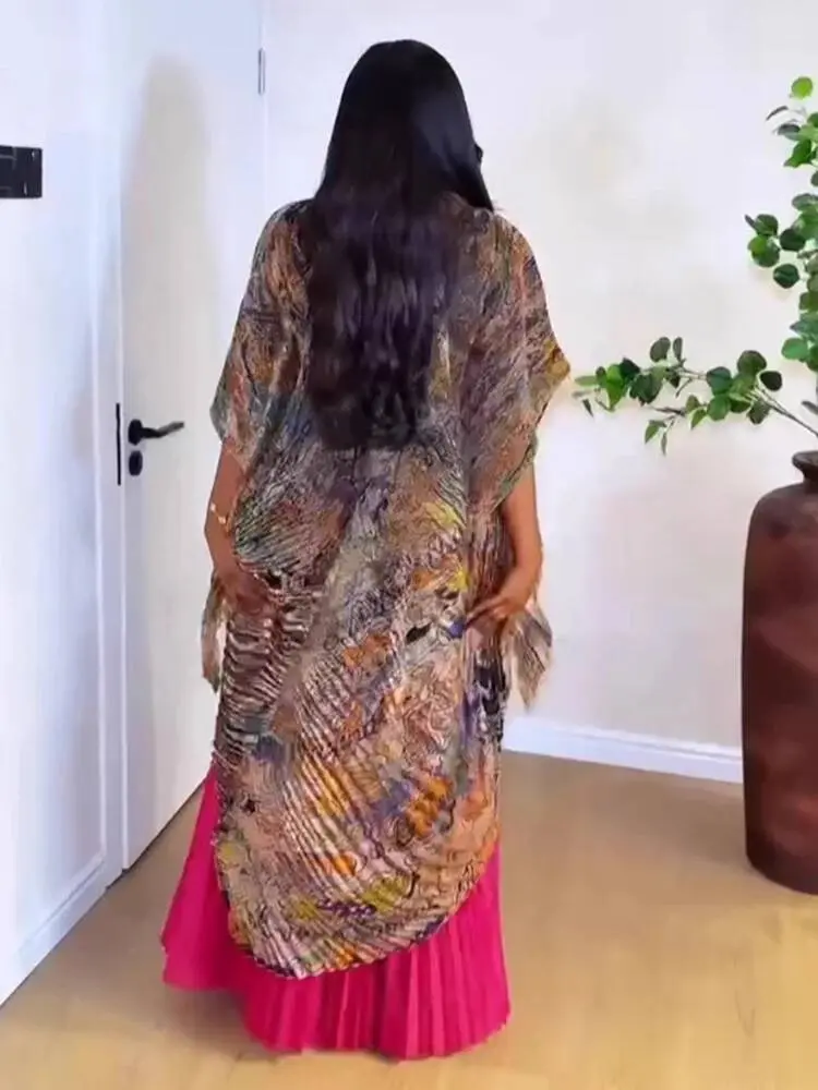 LANMREM Stand Collar Irregular Print Women's Pleated Two Pieces Set Loose Chic Bawting Sleeve Long Dress + Wide Leg Pants DB3541