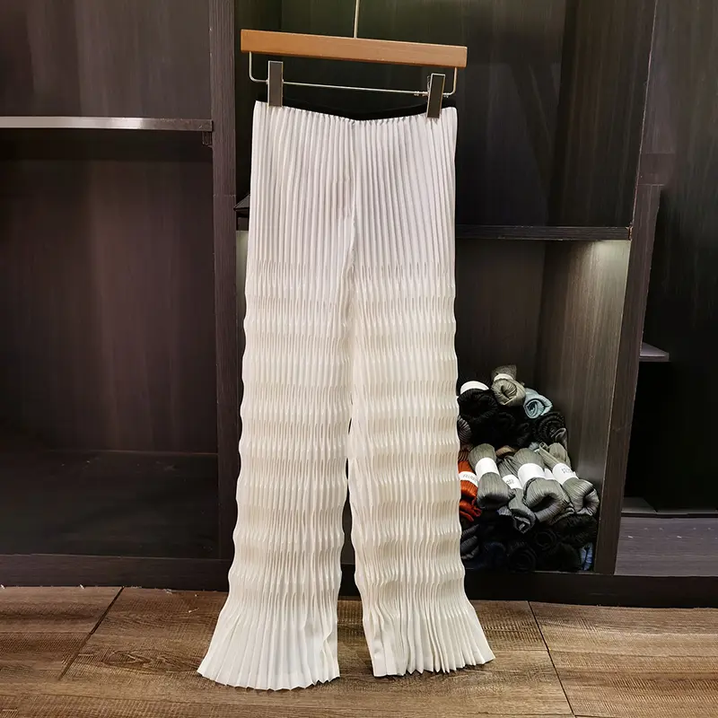 LANMREM High-end Simple khaki Wave Pattern New women's long pants Summer elastic high waist Casual Straight-leg trousers 2DB3705