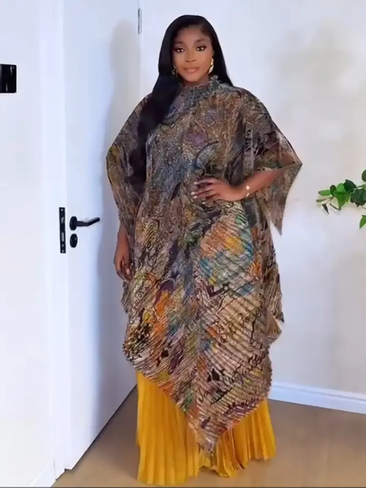 LANMREM Stand Collar Irregular Print Women's Pleated Two Pieces Set Loose Chic Bawting Sleeve Long Dress + Wide Leg Pants DB3541