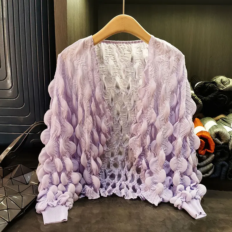 LANMREM Lightweight Unique Design Bubble Sleeve Cardigan Top Summer New Loose Sweet White Long Sleeve Pleated Jacket 2DB3737
