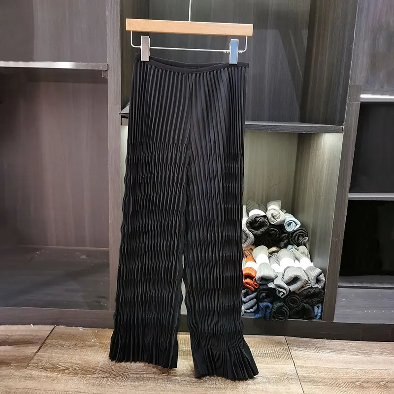 LANMREM High-end Simple khaki Wave Pattern New women's long pants Summer elastic high waist Casual Straight-leg trousers 2DB3705
