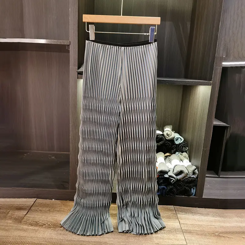 LANMREM High-end Simple khaki Wave Pattern New women's long pants Summer elastic high waist Casual Straight-leg trousers 2DB3705