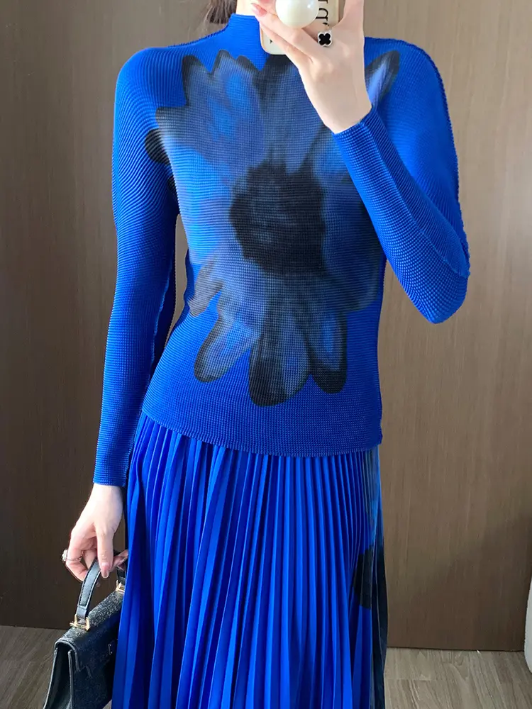 LANMREM High Elastic Slim Printting Pleated Women's Two Pieces Set 2025 New Fashion Pullover Tops And A-line Skirt Chic 2DB3049