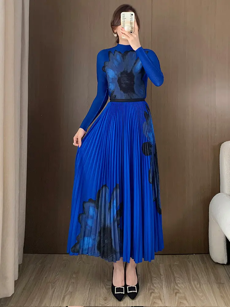 LANMREM High Elastic Slim Printting Pleated Women's Two Pieces Set 2025 New Fashion Pullover Tops And A-line Skirt Chic 2DB3049