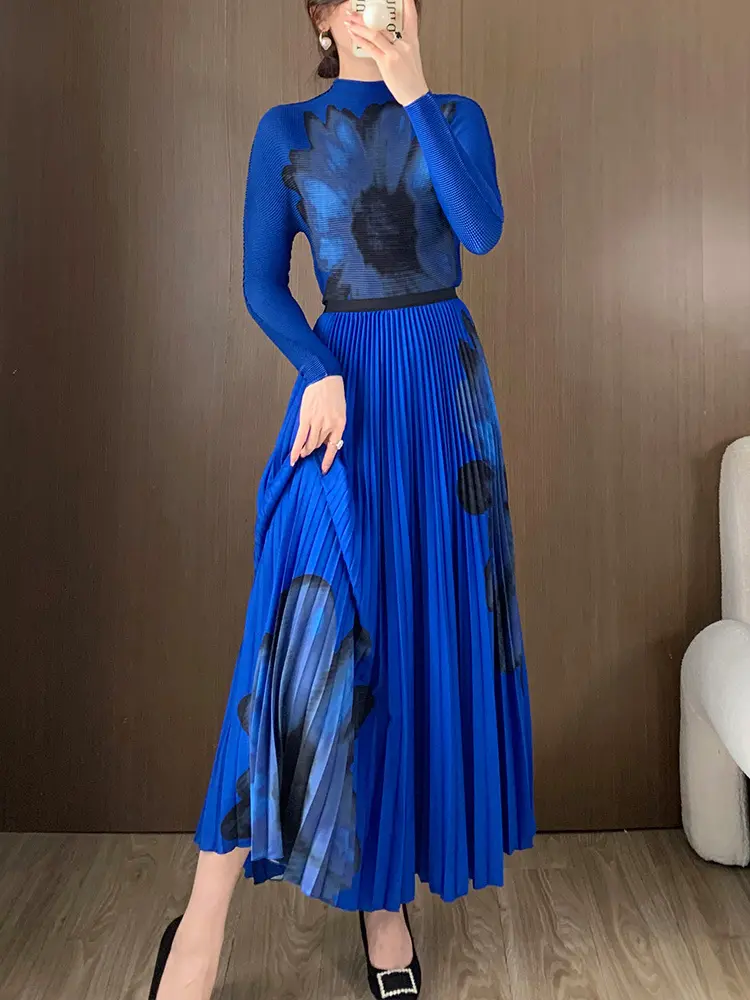LANMREM High Elastic Slim Printting Pleated Women's Two Pieces Set 2025 New Fashion Pullover Tops And A-line Skirt Chic 2DB3049