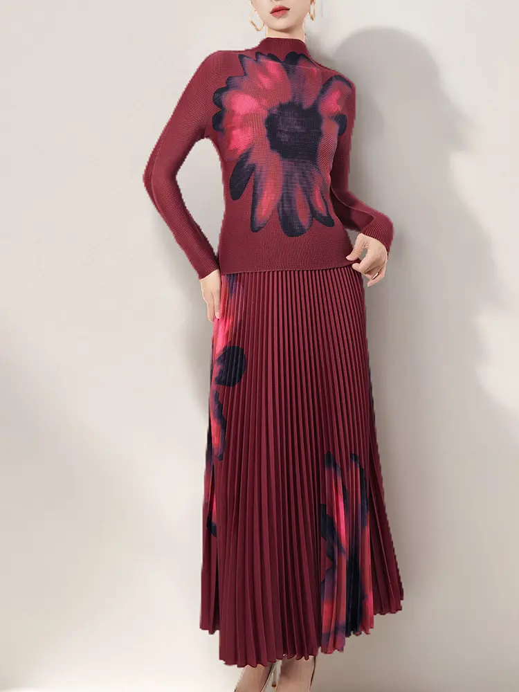 LANMREM High Elastic Slim Printting Pleated Women's Two Pieces Set 2025 New Fashion Pullover Tops And A-line Skirt Chic 2DB3049