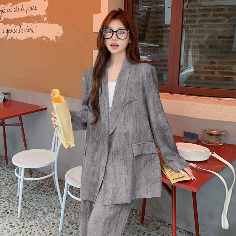 LANMREM Office Style Grey Tie Dye Print Women's Two Pieces Set Double Breasted Korean Blazer And Wide-leg Pants Chic New 2DB3651