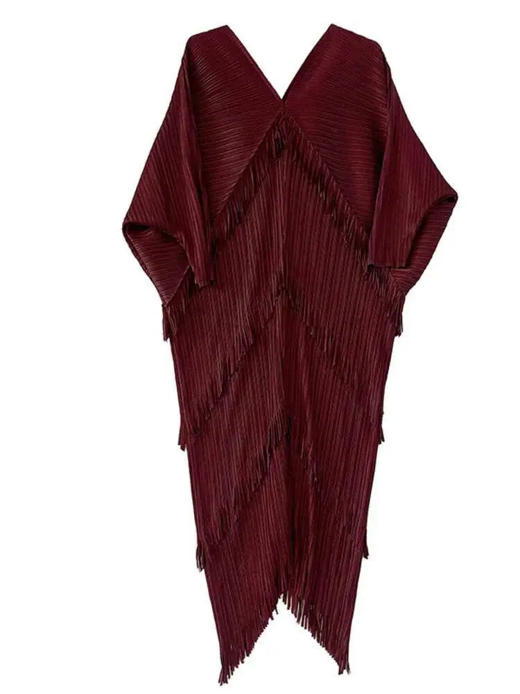 LANMREM Pleated Tassel Dress Women's Summer New Solid Color V-Neck Bat Sleeve Party Loose Dresses Ladies Clothing 2DA7120