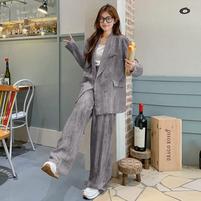LANMREM Office Style Grey Tie Dye Print Women's Two Pieces Set Double Breasted Korean Blazer And Wide-leg Pants Chic New 2DB3651