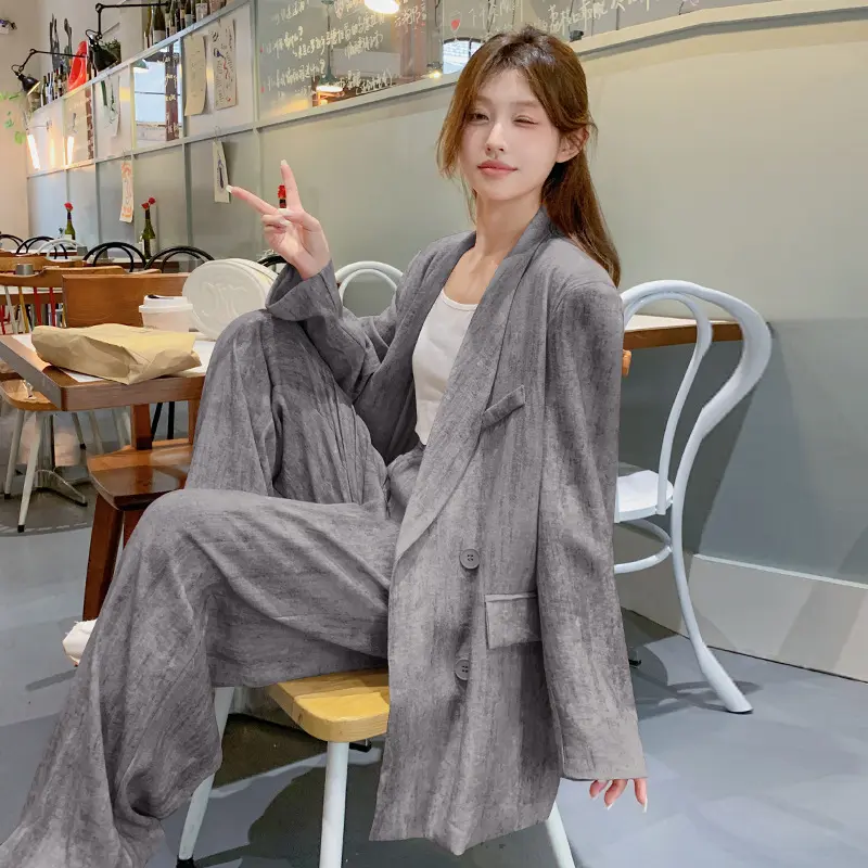 LANMREM Office Style Grey Tie Dye Print Women's Two Pieces Set Double Breasted Korean Blazer And Wide-leg Pants Chic New 2DB3651