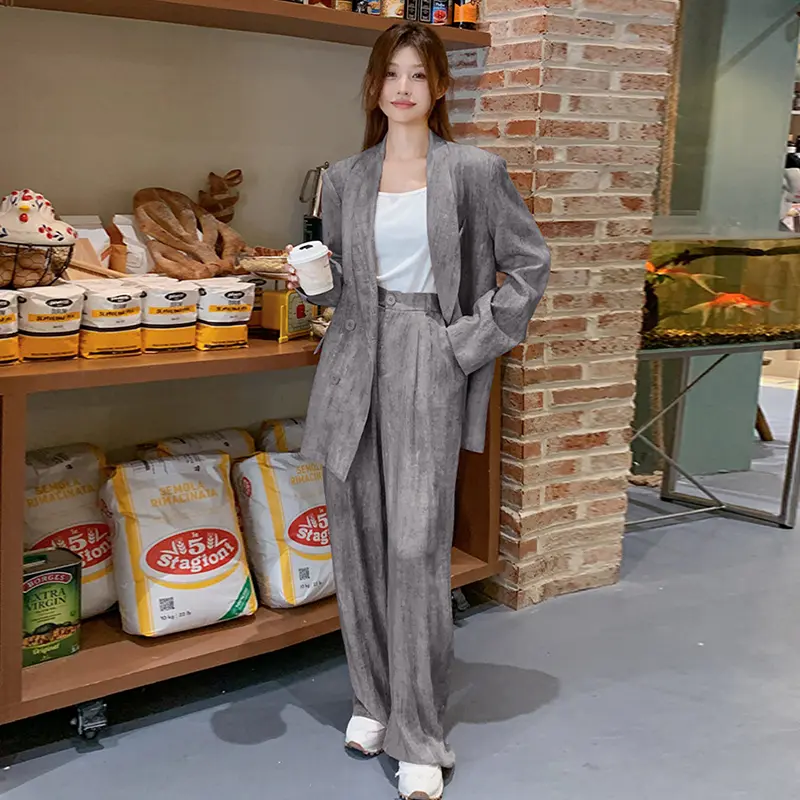 LANMREM Office Style Grey Tie Dye Print Women's Two Pieces Set Double Breasted Korean Blazer And Wide-leg Pants Chic New 2DB3651