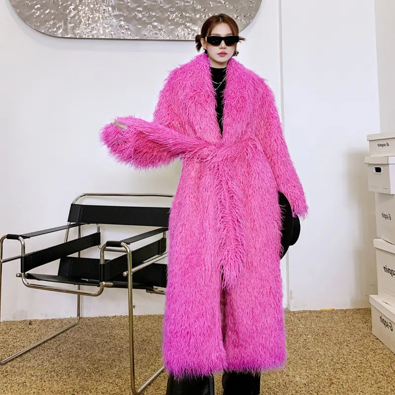 LANMREM Green Niche Colorful Faux Fur Coat For Women Long Coat Lapel Cardigan Fashion Over Knee Winter Coats Warm Soft 2DB3918