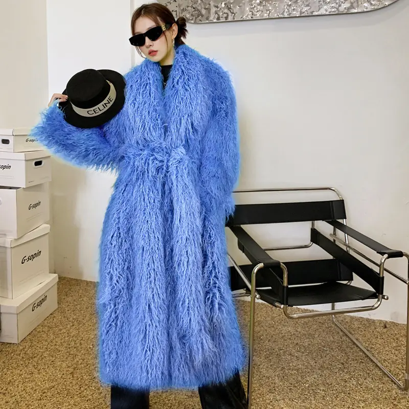 LANMREM Green Niche Colorful Faux Fur Coat For Women Long Coat Lapel Cardigan Fashion Over Knee Winter Coats Warm Soft 2DB3918