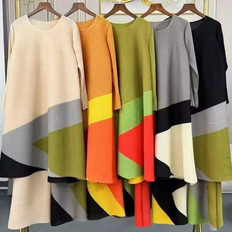LANMREM Chic New Pleated Women's Two Pieces Set Color-Block Spli Design O-neck T-shirt And Loose Casual Wide Leg Pants 2DB3645