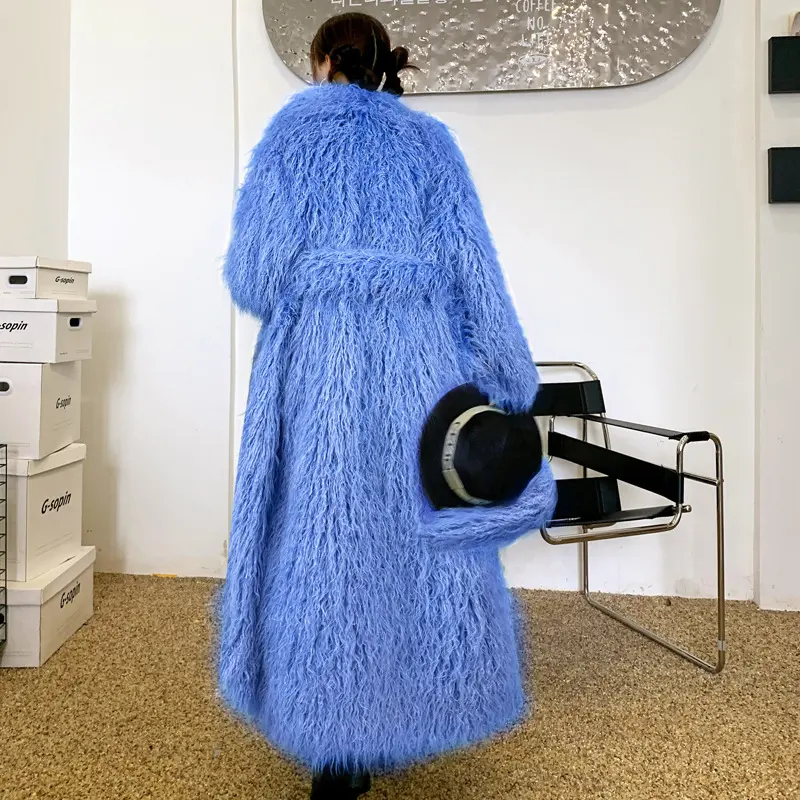 LANMREM Green Niche Colorful Faux Fur Coat For Women Long Coat Lapel Cardigan Fashion Over Knee Winter Coats Warm Soft 2DB3918