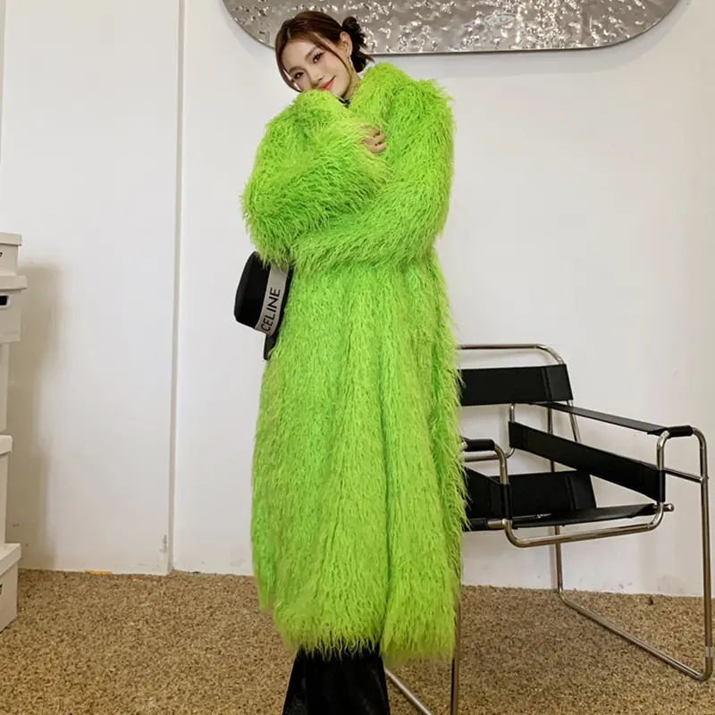 LANMREM Green Niche Colorful Faux Fur Coat For Women Long Coat Lapel Cardigan Fashion Over Knee Winter Coats Warm Soft 2DB3918