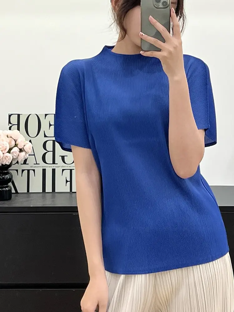 LANMREM Pleated Women's T-shirt 2025 New Fashion Simple Elastic Loose Stand Collar Short Sleeve Pullover Top Chic Tee 2DB3606