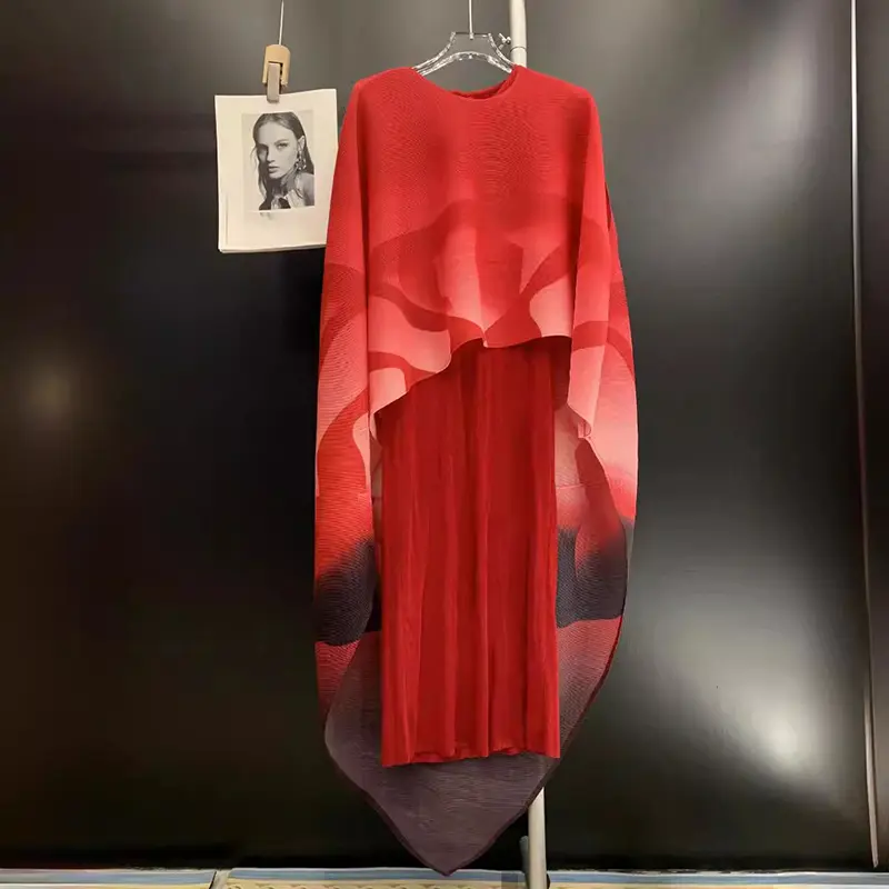 LANMREM Niche Irregular Pleated Printting Women's Two Pieces Set Bawting Sleeve Pullover Tops And Sleeveless Dress Chic 2DB3701