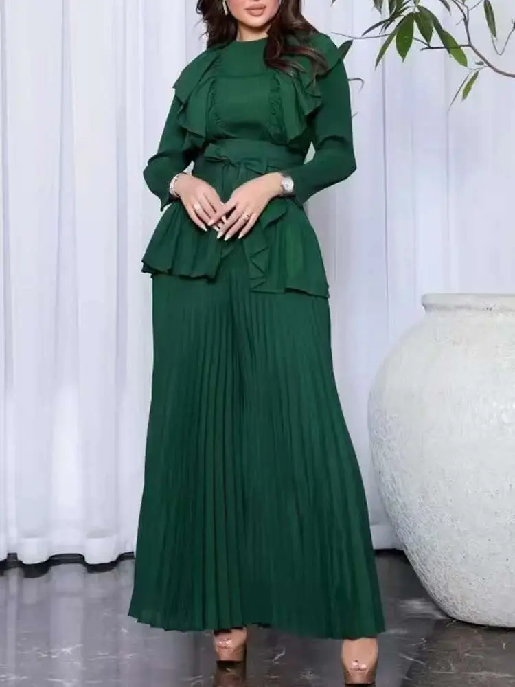 LANMREM Ruffles Pleated Two-piece Set Women's 2025 Spring New O-neck Belt Gathered Waist Tops With Casual Wide Leg Pants 2Z2818