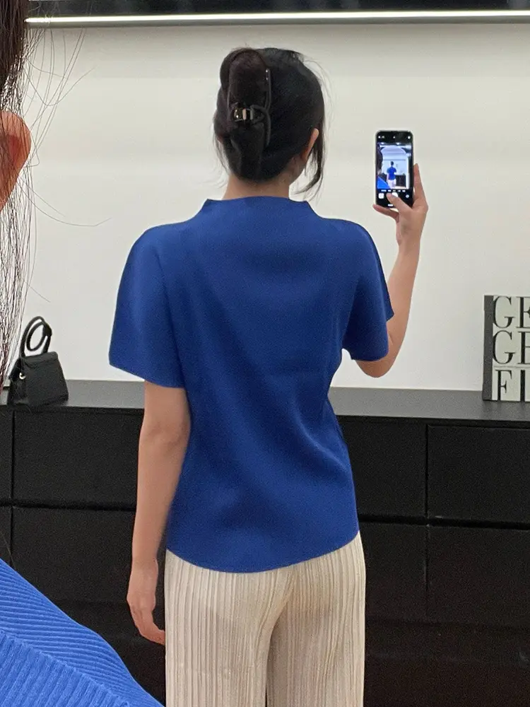 LANMREM Pleated Women's T-shirt 2025 New Fashion Simple Elastic Loose Stand Collar Short Sleeve Pullover Top Chic Tee 2DB3606