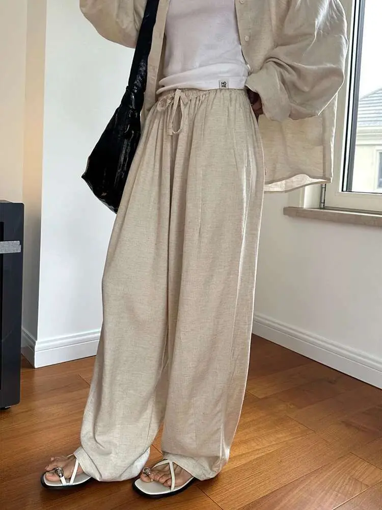 LANMREM Drawstring Design Linen Sunscreen Pants For Women Solid Elastic High Waist Wide Leg Trousers 2024 Summer New 26D9200