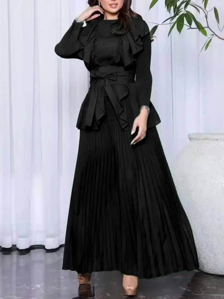 LANMREM Ruffles Pleated Two-piece Set Women's 2025 Spring New O-neck Belt Gathered Waist Tops With Casual Wide Leg Pants 2Z2818