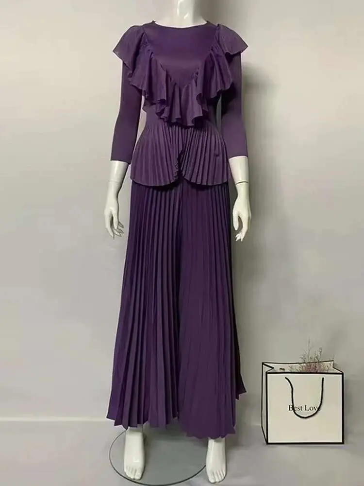 LANMREM Ruffles Pleated Two-piece Set Women's 2025 Spring New O-neck Belt Gathered Waist Tops With Casual Wide Leg Pants 2Z2818