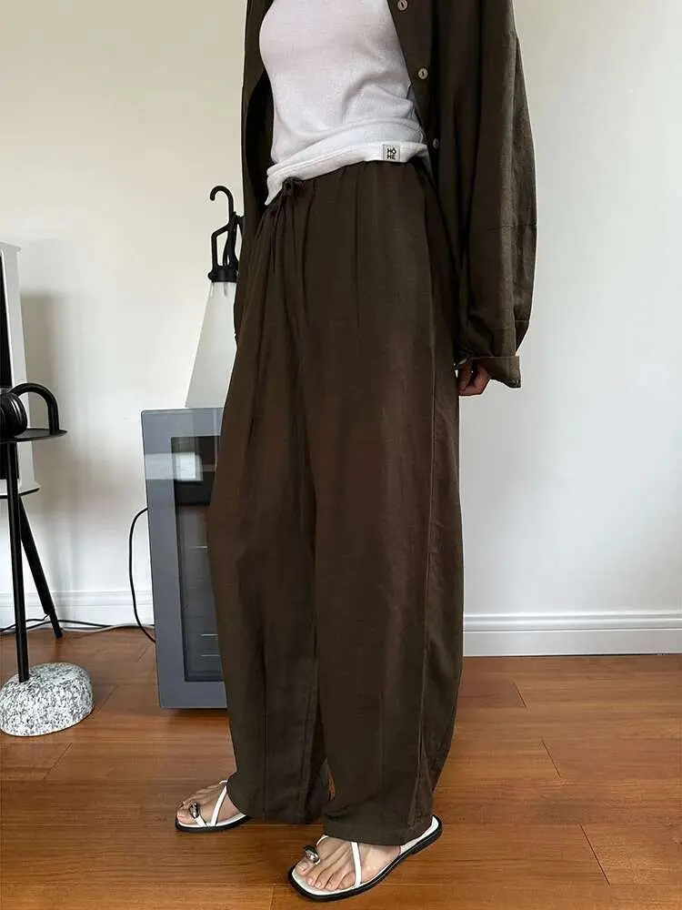 LANMREM Drawstring Design Linen Sunscreen Pants For Women Solid Elastic High Waist Wide Leg Trousers 2024 Summer New 26D9200