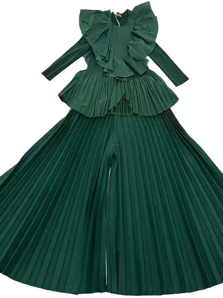 LANMREM Ruffles Pleated Two-piece Set Women's 2025 Spring New O-neck Belt Gathered Waist Tops With Casual Wide Leg Pants 2Z2818