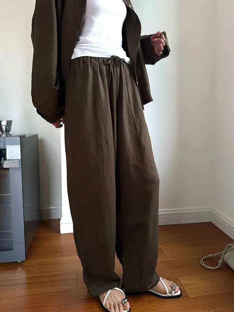 LANMREM Drawstring Design Linen Sunscreen Pants For Women Solid Elastic High Waist Wide Leg Trousers 2024 Summer New 26D9200