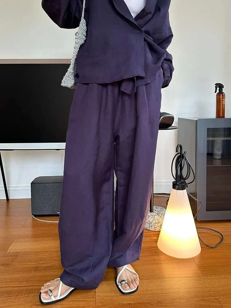 LANMREM Drawstring Design Linen Sunscreen Pants For Women Solid Elastic High Waist Wide Leg Trousers 2024 Summer New 26D9200