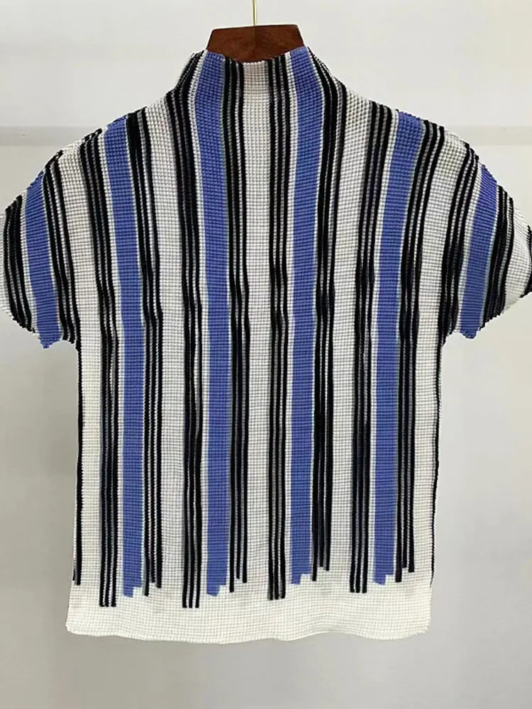 LANMREM Fashion Pleated T Shirt For Women Short Sleeves Print Color Block Slim Thin Style Chic Light Weight Top 2025 New 2DB2142