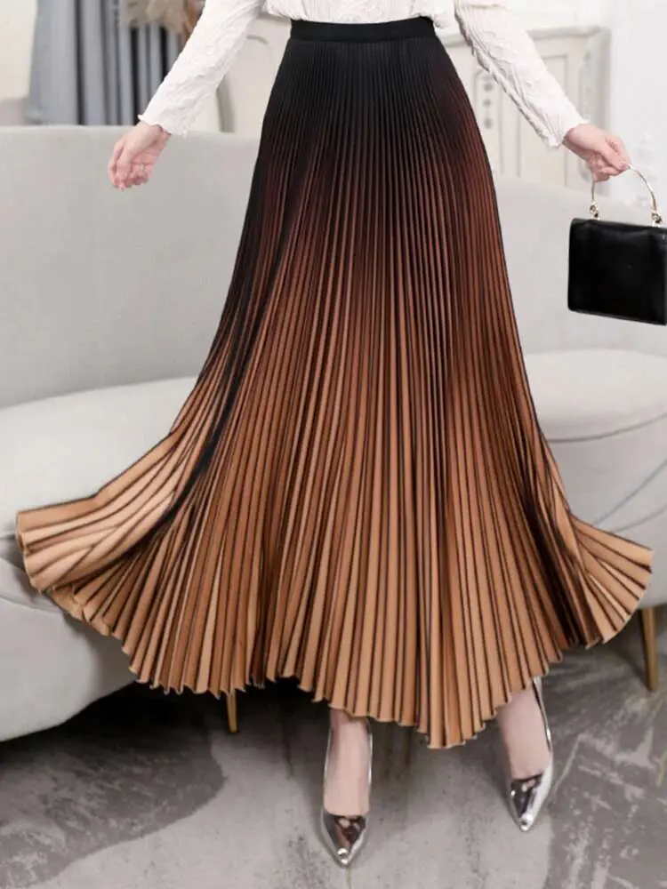 LANMREM Elegant Pleated Skirt For Women Gradient High Elastic Waist Loose Skirts Fashion Female Clothing 2025 Spring New 2YA710